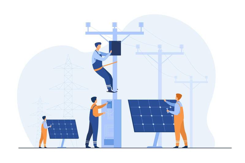 dibujo animado de red eléctrica y paneles solares
